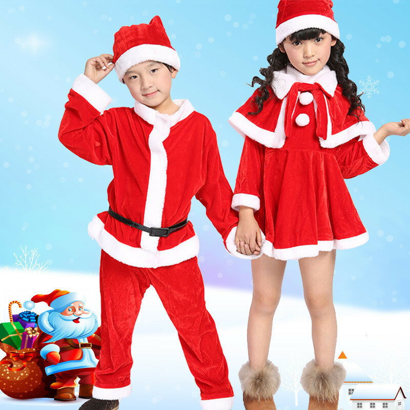 Kinder Kind Weihnachten Cosplay Kostüm Santa Claus Baby Weihnachten Outfit Set Kleid Hosen Tops Hut Mantel Gürtel Für Jungen Mädchen