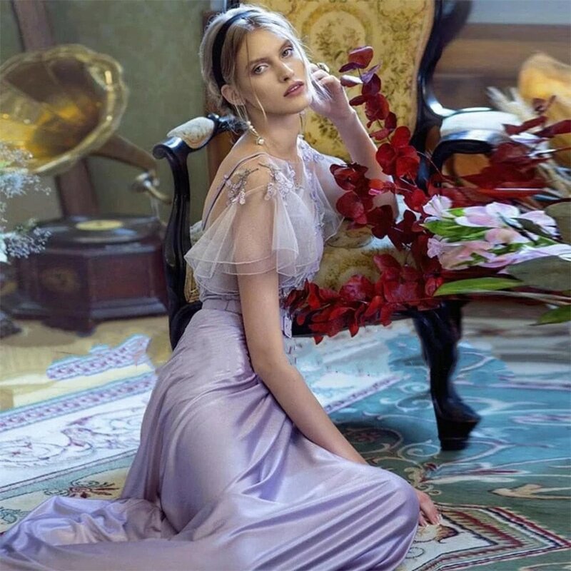Elegant Purple Prom Dresses Short  Sleeve Backless Spaghetti Strap A-line Floor Length Satin Evening Gown  2023 New