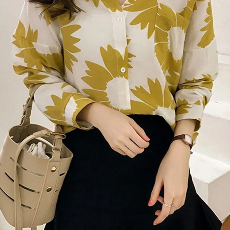 Frühling Herbst Floral Print Lose Beiläufige Übergroßen Hemd Weibliche Lange Hülse Alle-spiel Cardigan Top Frauen Elegante Mode Bluse