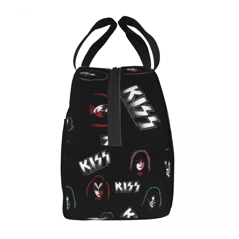 Bolsa de almuerzo con caras de banda de beso con asa, bolsa térmica de trabajo de embrague linda, Enfriador de comida con música Kiss