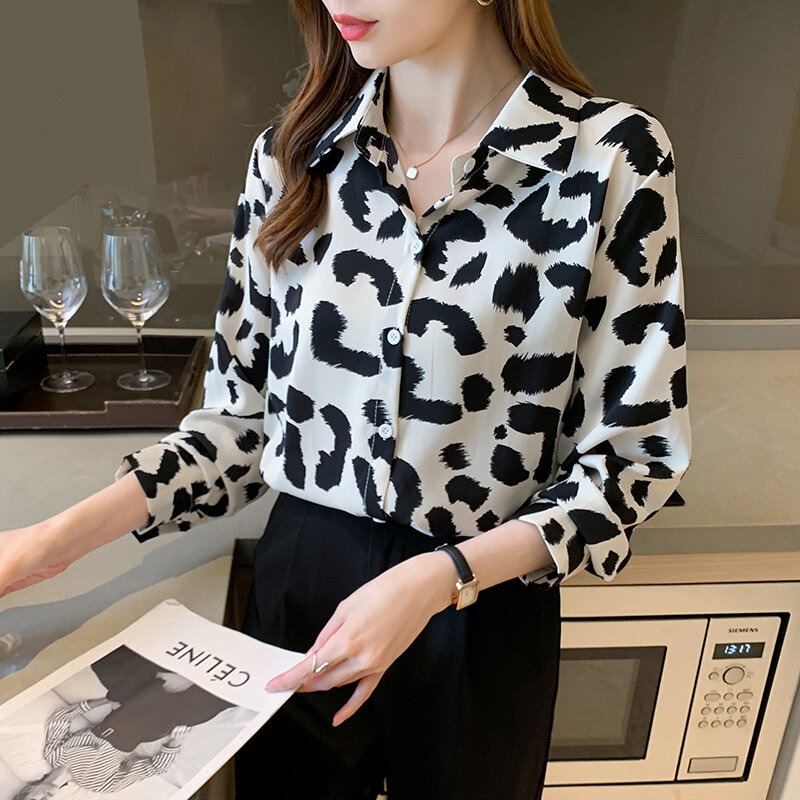 Kaus Sifon Macan Tutul Musim Semi Pakaian Elegan Traf Longgar Lengan Panjang Motif Mode Korea Wanita Atasan Chic Pengiriman Gratis