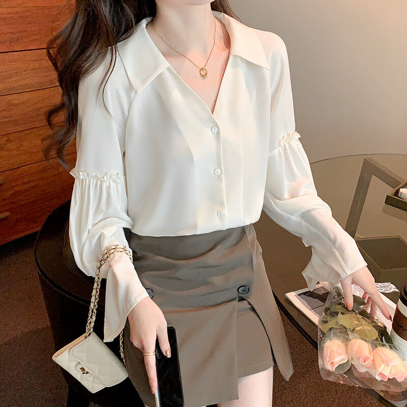 V คอยาวแขนเสื้อเสื้อผู้หญิงเกาหลีแฟชั่นชีฟองสีทึบเสื้อลำลอง Tops Office Lady ฤดูใบไม้ผลิใหม่609F