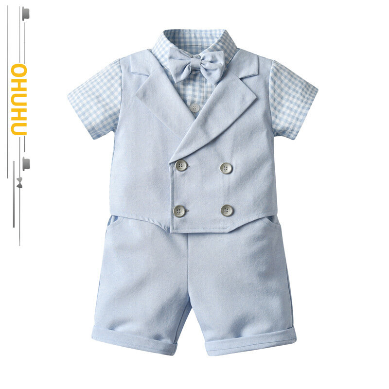2022 verão novo vestido formal menino xadrez terno bebê cavalheiro cor sólida colete de duas peças de manga curta azul 3009