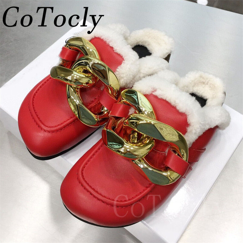 Gold Chain Slippers Women Wool Warm Winter Shoes Round Toe Genuine Leather Flat Slides Woman Fur Collar Winter Slippers Men