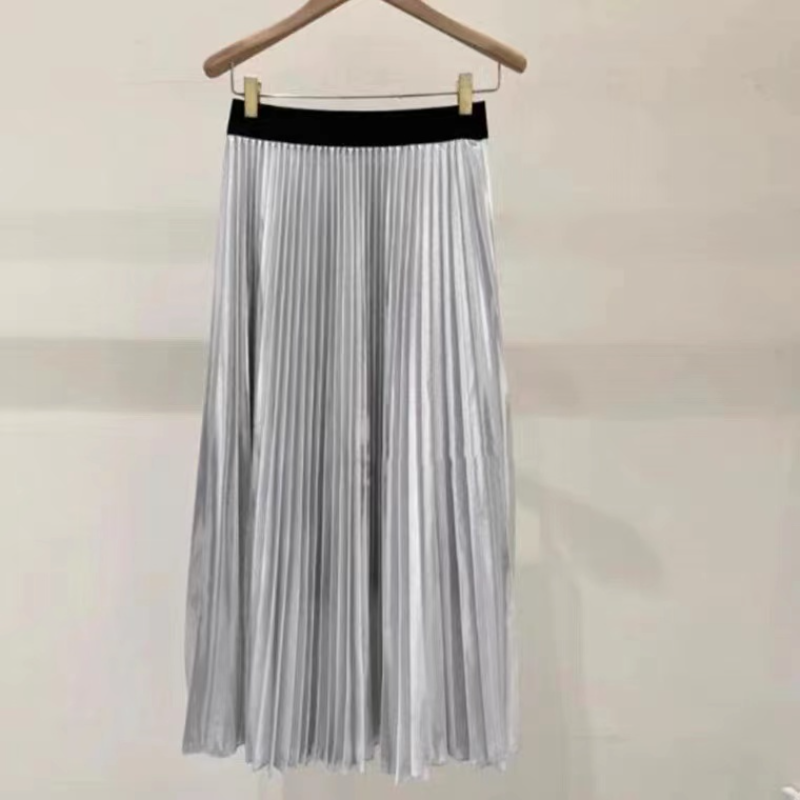 Spring 2023 New Elastic Waistband Gloss Silver Bright Face Versatile Pleated Skirt Skirt Medium Length Skirt Women Free Shipping