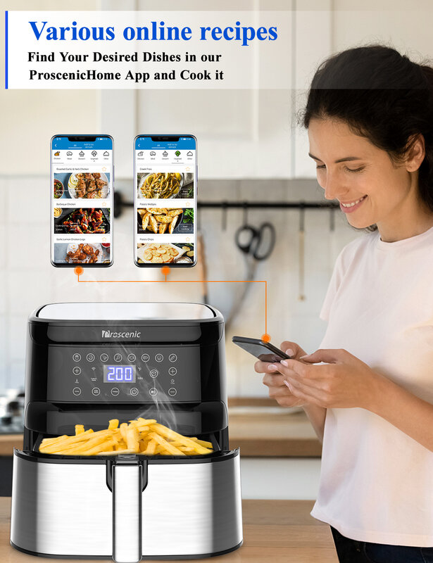 Proscenic t21 5.5l fritadeira de ar sem óleo elétrico fritadeira ar livre led touch screen app e controle voz acessórios cozinha