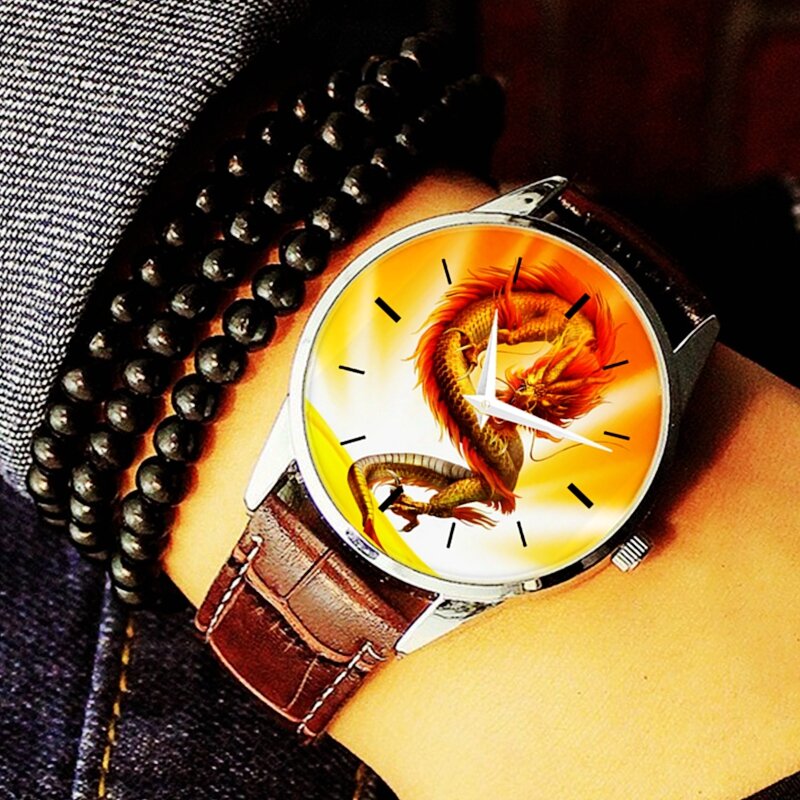 جديد التنين ساعة رجالية ساعة كوارتز عادية موضة نمط حزام من الجلد هدية فاخرة