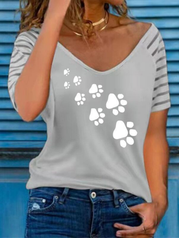 Camiseta de manga curta feminina, blusa com decote em v, casual e solta, pata de gato e cachorro, moda Harajuku, roupas femininas, S-5XL, 2023
