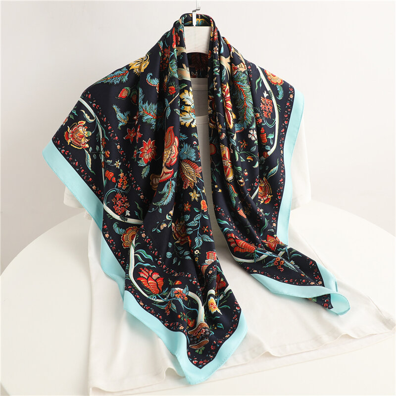 Lenço de seda de sarja de impressão floral vintage feminino bandana muçulmano hijab bandana lenço quadrado cachecóis bandana xales foulard envoltório 90*90cm