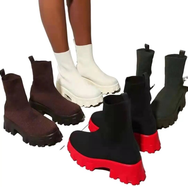 Calcetines informales de suela gruesa para mujer, botas cortas de punto rojo, talla grande, otoño e invierno, 2021