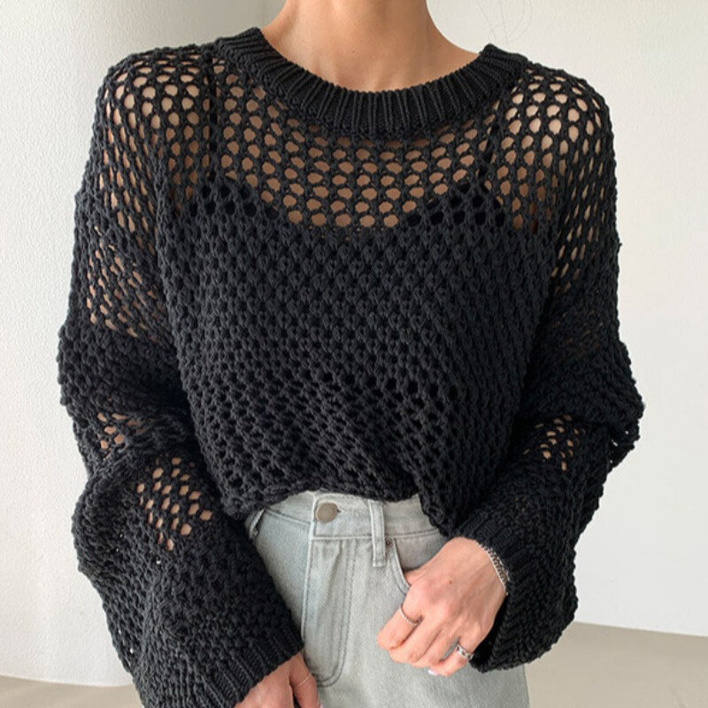 Women's Vintage Khaki Hollow Out Knitting Sweater Round Neck Long Sleeves French Casual Korean Fashion Baggy Tops Ladies Autumn