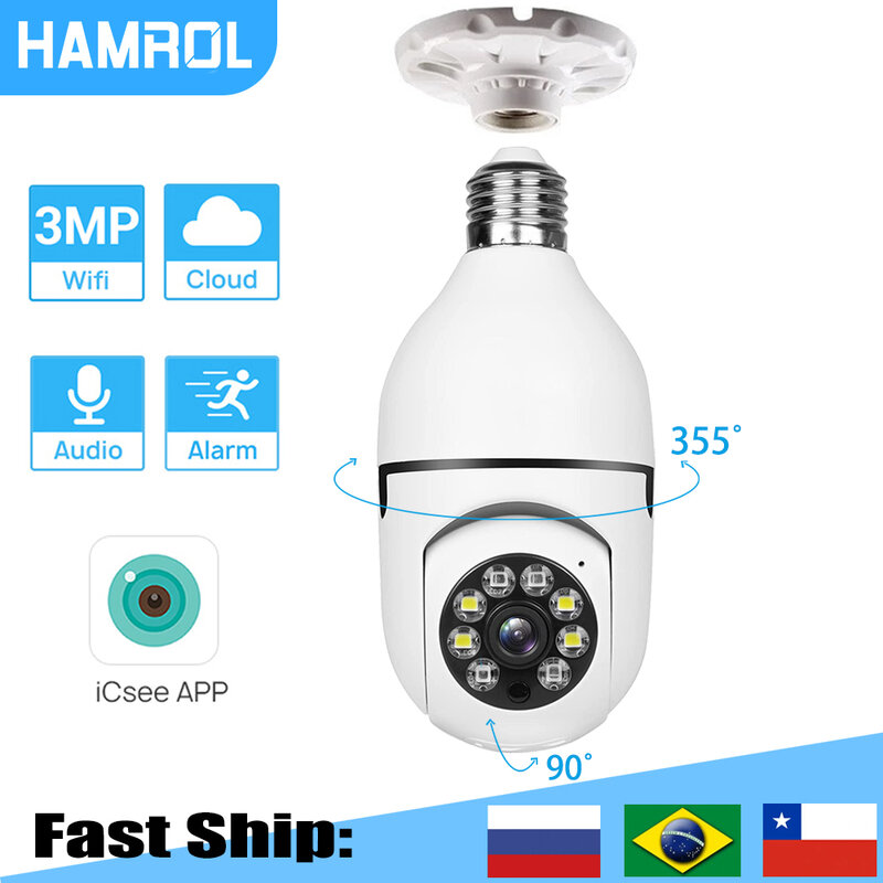 3MP E27 Bulb Surveillance Camera 4X Digital Zoom ICsee Colorful Nightvision Wireless PTZ Wifi Camera 2K Indoor Security Monitor