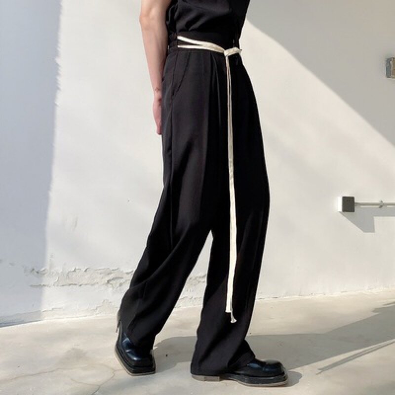 Celana Panjang Pria Asli Desain Sabuk Gotik Hitam Bawahan Lurus Sosial Celana Lebar Kasual Pria Muda Celana Hip Hop Jepang Yuppie