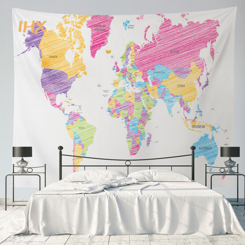 Tapisserie suspendue carte du monde, décoration esthétique de maison, carte en tissu haute définition, décoration murale de chambre à coucher, tapisserie aquarelle