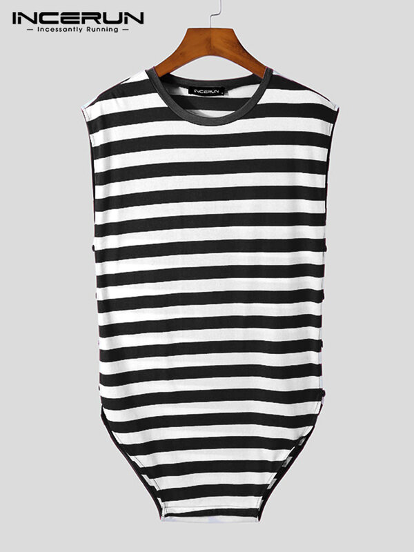 INCERUN 2022 Comfortable Homewear New Men Stripe Side Button Onesies Fashion Casual Male Sexy Triangle Sleeveless Bodysuit S-5XL