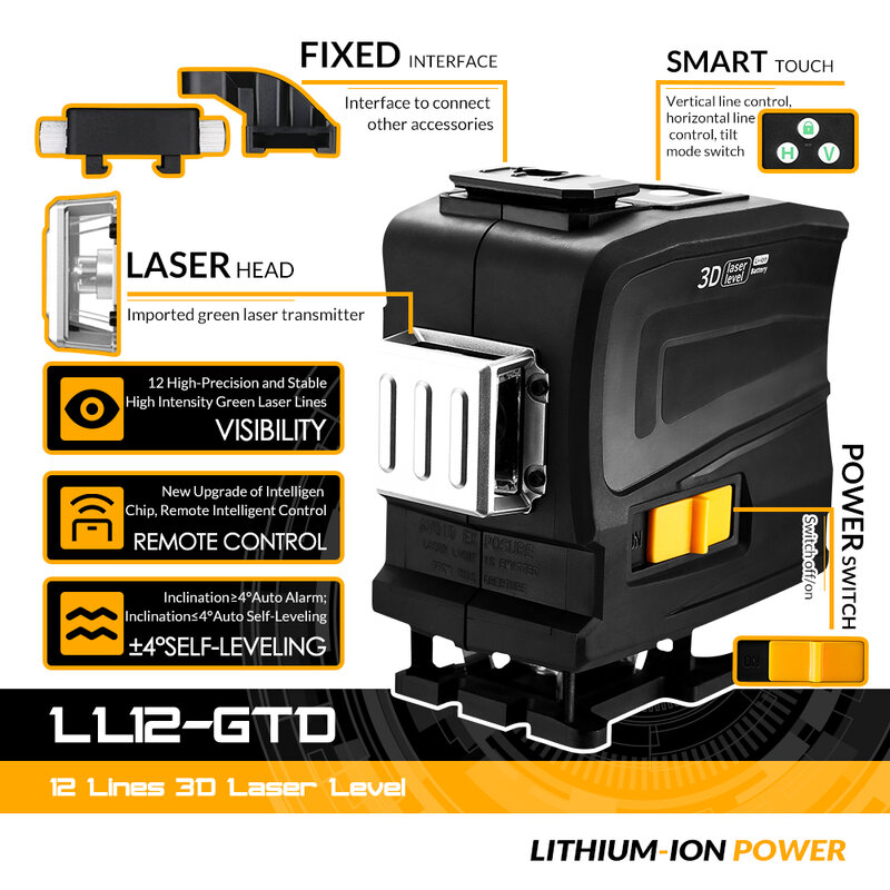 LL12-GTD 3.7V 3X360 레이저 레벨 녹색 수평/수직 라인 셀프 레벨링 원격 제어 건설 도구 다이나믹 에어쿠션 데코