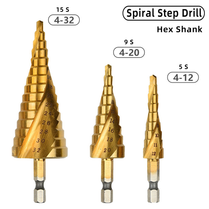 Bits step revestida de titânio, 4-12mm, 4-20mm, 4-32mm, abridor em espiral, cortador de buraco de madeira, ferramentas de perfuração em cone