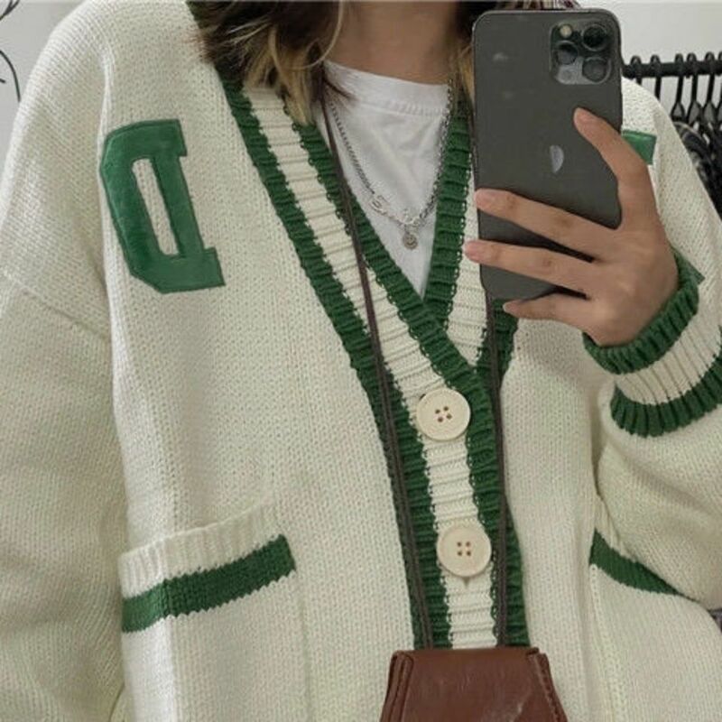 Women's V-neck knitted cardigan sweater college style knitted loose long sleeved sweater youth fashion autumn Pullover