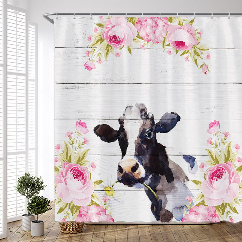 Highland Cattle Shower Curtain Retro Wooden Board Farm Flower Design Bath Courtain Home Decor Bathroom accessories Screen hooks