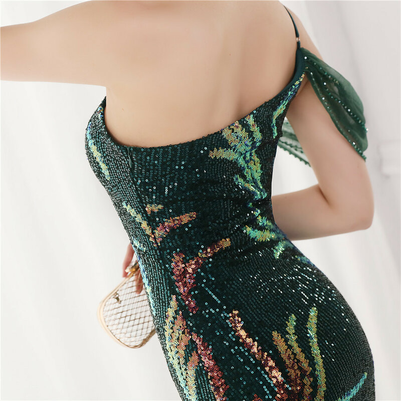 One Shoulder Sleeveless Lace Cocktail Party Dress Luxury Sequin Glisten Mermaid Dress Sexy Split Backless Long Evening Dresses