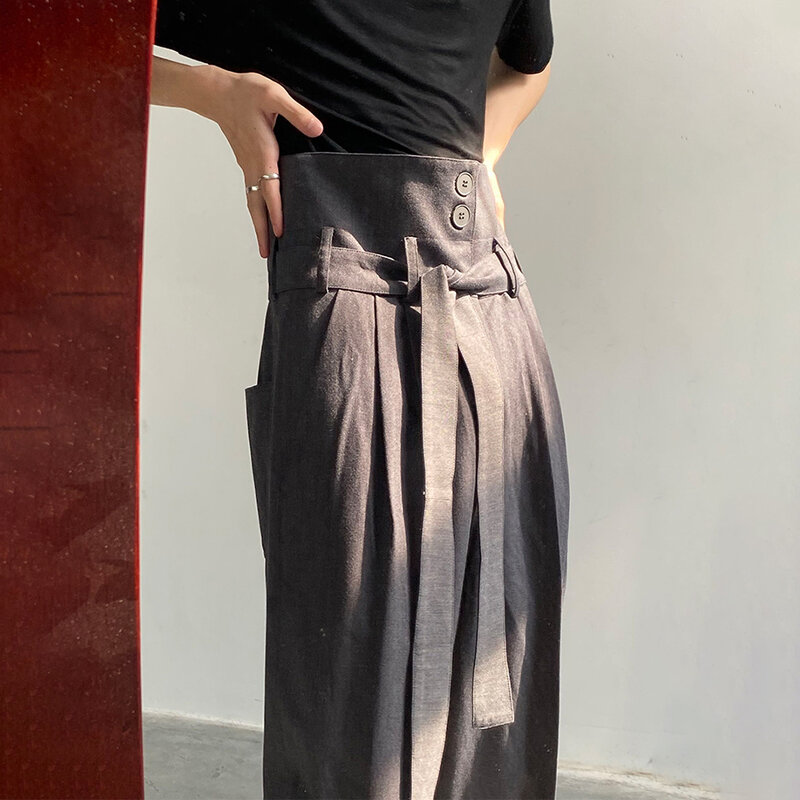 สไตล์เกาหลีผู้ชายเข็มขัด Casual กางเกง Streetwear Sild Staight กางเกงริบบิ้น Retro Vintage Harajuku ชุดกางเกง