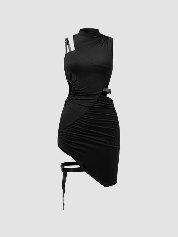 RINSTA-섹시한 할로우 아웃 솔리드 컷 아웃 불규칙한 다리 링 민소매 드레스 여성용, 바디콘 드레스, 2022 여름