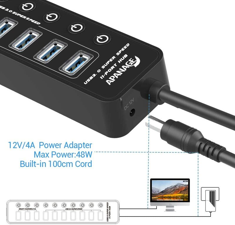Apanage USB 3.0 Hub Bertenaga, 11 Port USB Hub Splitter (7 Port Transfer Data Kecepatan Tinggi + 4 Port Pengisi Daya Pintar) dengan