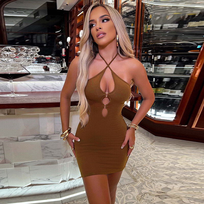 Women Halter Sexy Backless Mini Dress Party Club Outfit Solid Cut Out Metal Ring Ties Bodycon Dresses Chic Harajuku Clothes