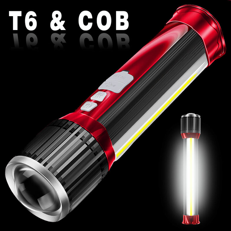 Novelty LED Flashlight Rotating Telescopic Zoom LED Torch with Side Light Rechargeable Camping Light Floodlight Can Charge Phone