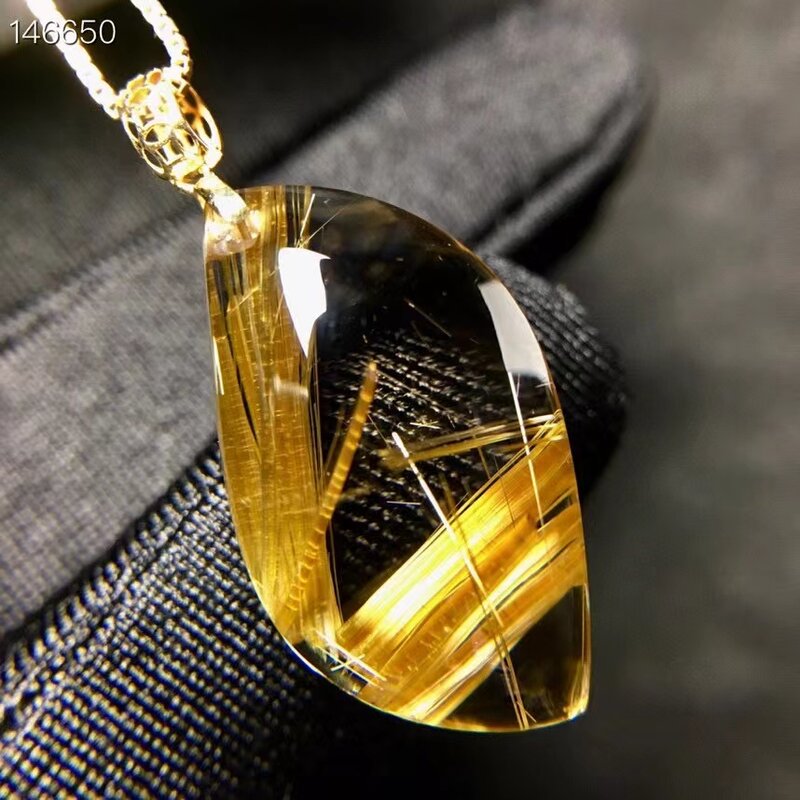 Ожерелье из натурального золота с кулоном из рутилированного кварца, 23,8*13*8,5 мм, Бразильское золото 18 карат, цилиндрическая капля воды, ювели...