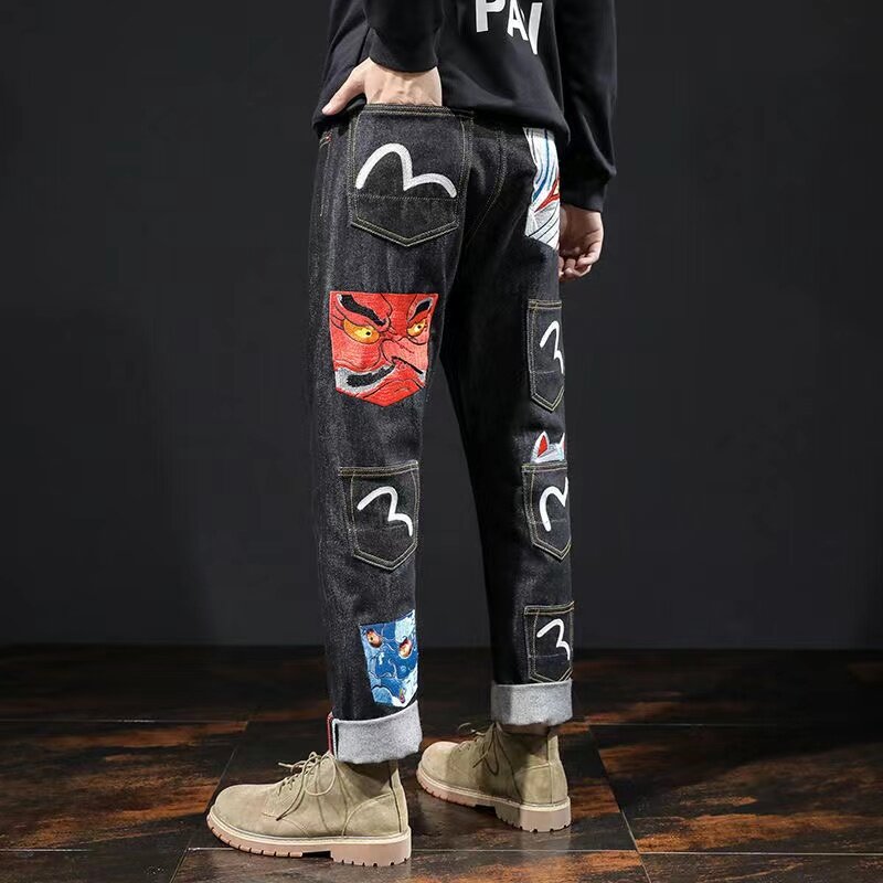 Y2k Retro Jeans Japan 90S Retro Casual Jeans Men's Japanese Seagull Flower Embroidery Loose Straight Jeans Casual Pants