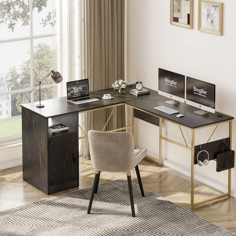 Meja Komputer Berbentuk L 60 Inci dengan Kabinet Penyimpanan Meja Sudut Meja Kantor Rumah Meja Komputer Dapat Disesuaikan