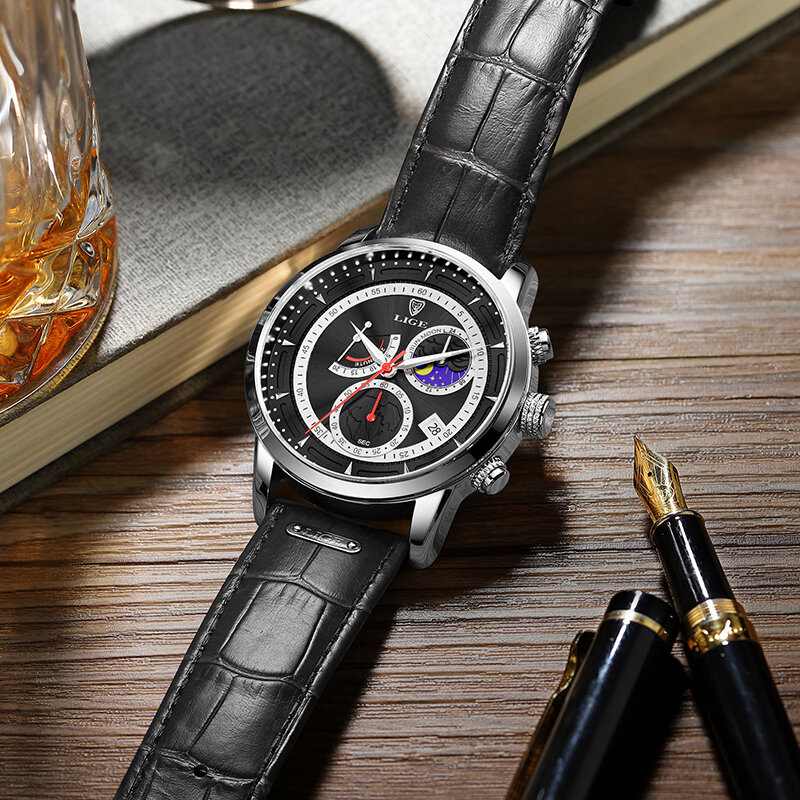 Часы наручные LIGE Мужские кварцевые, модные брендовые Роскошные водонепроницаемые с хронографом