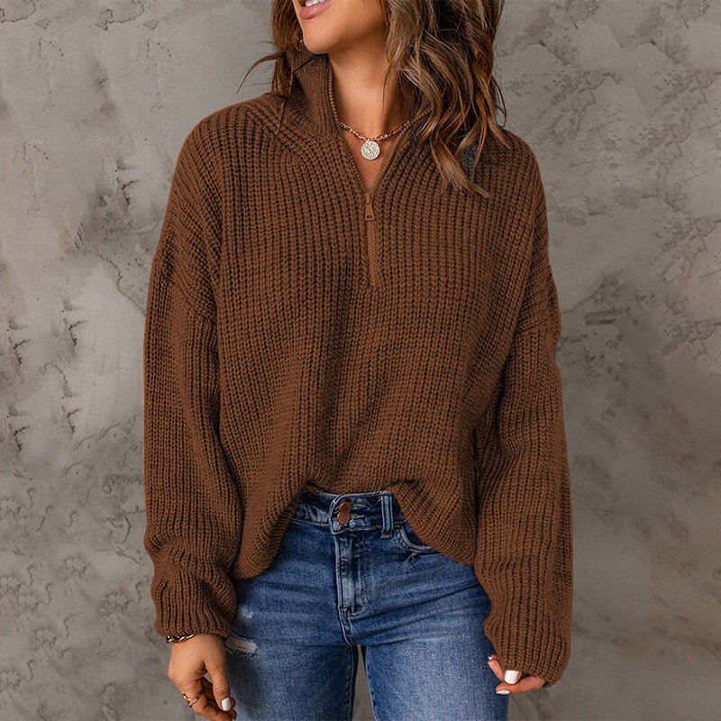 Suéter de punto con cremallera para mujer, Jersey informal de manga larga de Color sólido, holgado, cálido, ropa de calle, Otoño e Invierno