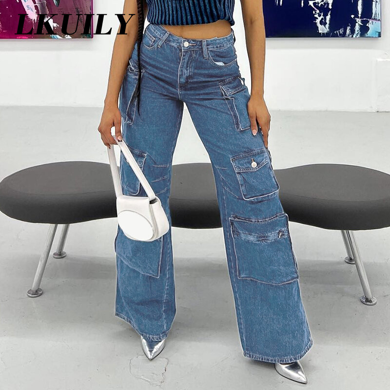 Vintage Aesthetics cargo Jeans Women Y2K Streetwear zipper Pockets Casual Straight Pants Fashion Wide Leg Trousers Overalls 2022
