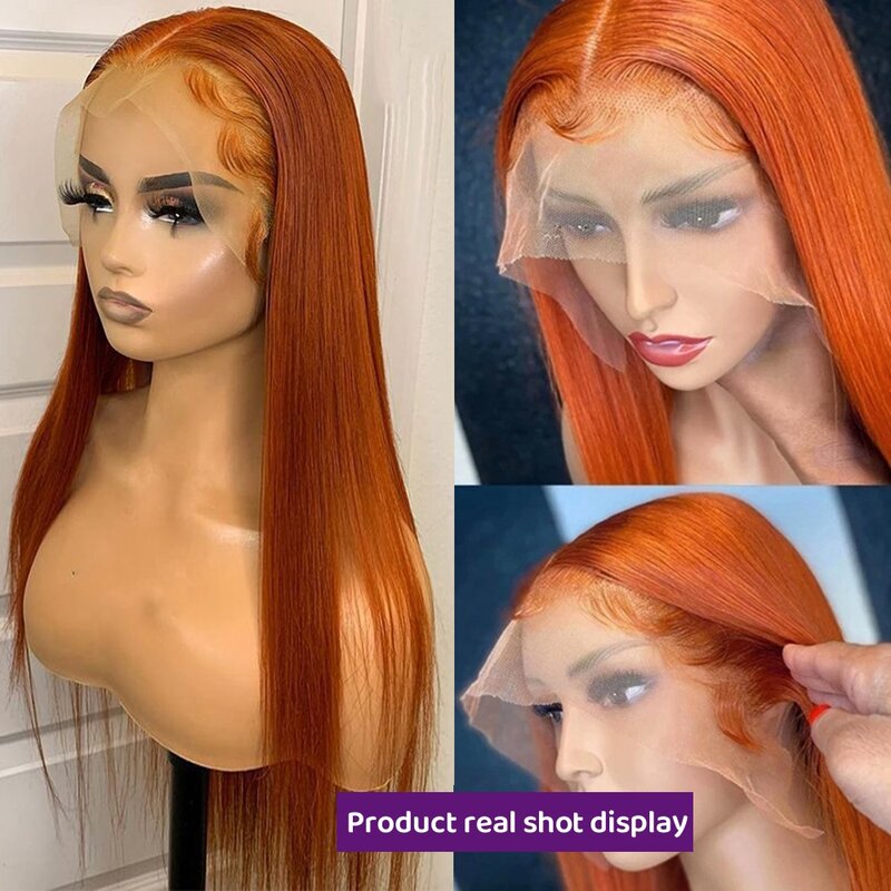 Perruque Lace Front Wig naturelle lisse orange, cheveux humains, pre-plucked, 13x4 13x6, 32 34 pouces, pour femmes