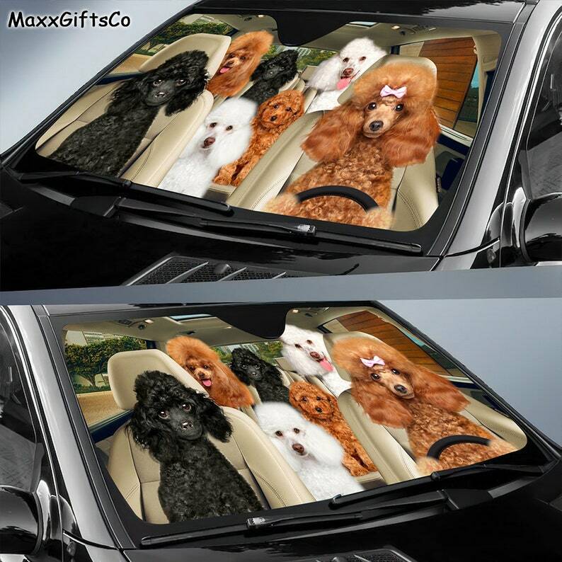 Poodle Car Sun Shade, Poodle Windshield, Dogs Family Sunshade, Dogs Car Accessories, Car Decoration, Gift For Dad, Mom