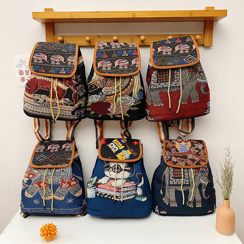 Vintage Embroidered Knitted Backpack Cloth Bags Bucket Bag Women's Schoolbag National Style Bag Fabric Bag People