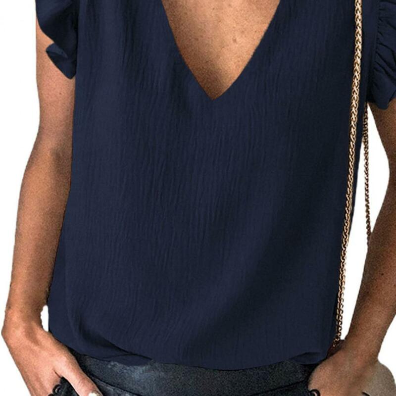 Women Blouse New 2022 Casual Ruffles Sleeveless V Neck Summer Temperament Slim-fitting T-shirt for Daily Wear