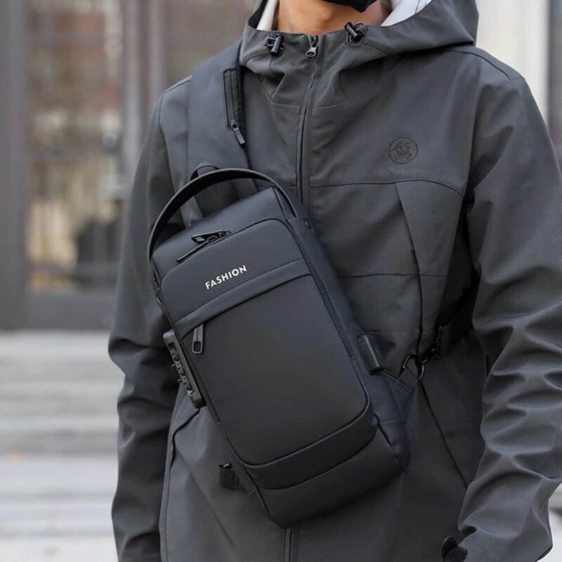 حقيبة الصدر الرجال حقيبة كروسبودي مقاوم للماء الخصر حقيبة PasswordLock سستة الذكور حزمة مع USB شحن ميناء فاني الحقيبة الهاتف حزام حقيبة
