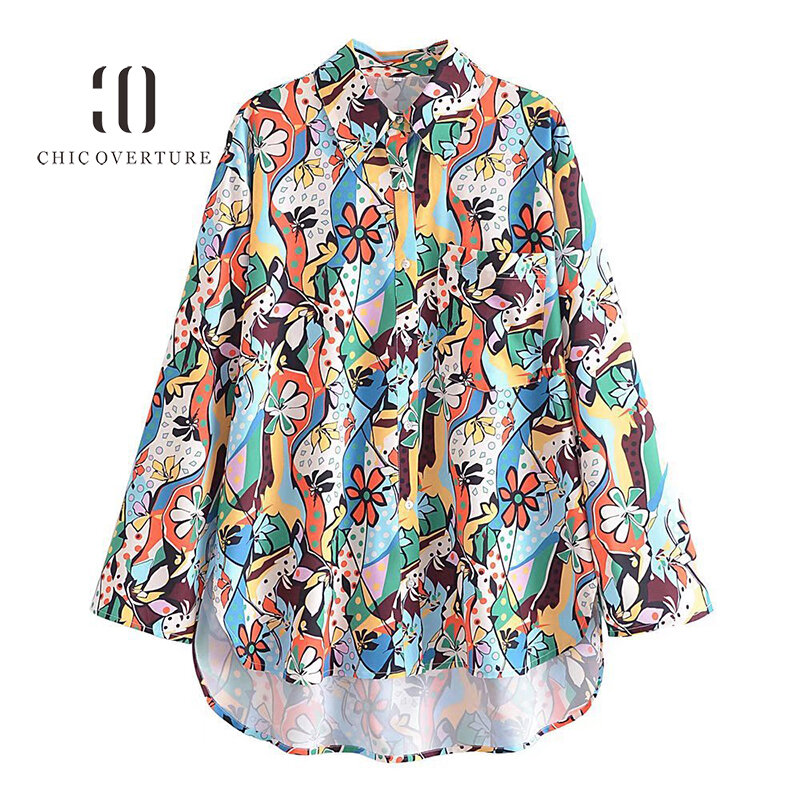 Chic Overture Turn-Down ปลอกคอแขนยาว Causal หลายสีพิมพ์หญิงเสื้อ Vintage เสื้อผู้หญิงเสื้อ