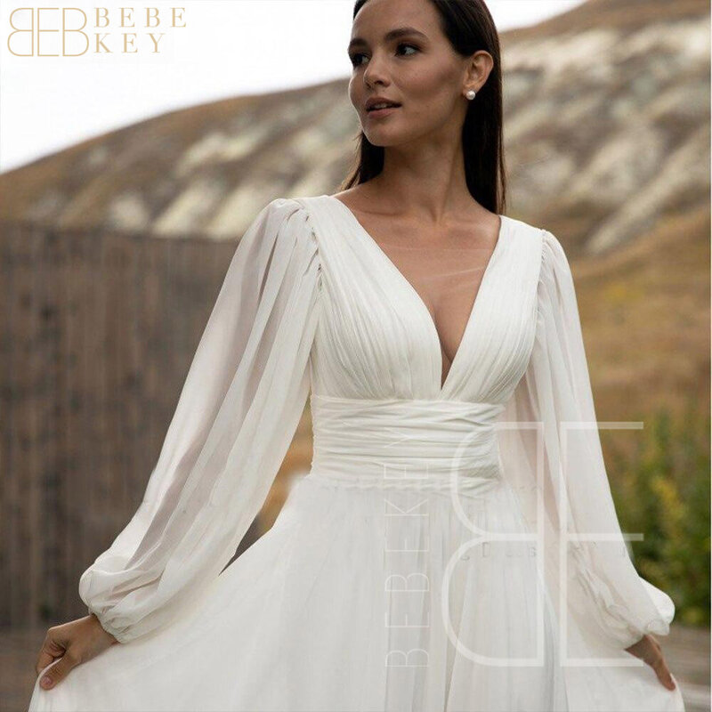 White Chiffon Wedding Dress V Neck Brides Wedding Dresses for Woman Long Sleeves Bridal Dresses 2024 Women's Luxury Party Dress