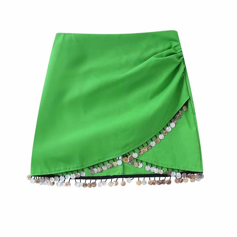Женская льняная юбка с асимметричным подолом, Повседневная винтажная юбка с бисером
