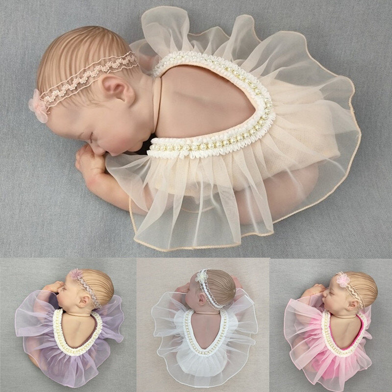 Ensemble de 2 pièces pour photographie de nouveau-né, bandeau en dentelle, barboteuse, body, tenue de princesse pour bébé fille, vêtements de photographie