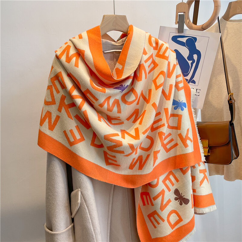 Bufanda cálida de Cachemira con letras de moda para mujer, manta gruesa de invierno, chal de Pashmina, chal, Poncho de Echarpe para mujer, novedad