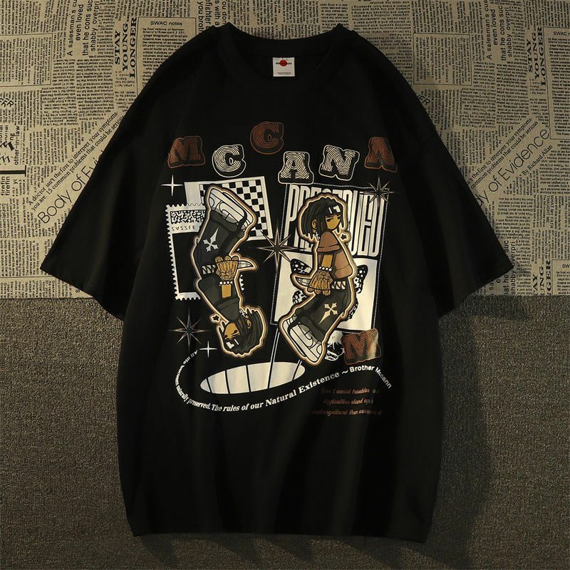 Camiseta de manga corta de marca de moda americana Retro para hombres, Camiseta holgada y versátil de estilo europeo y americano, top de media manga