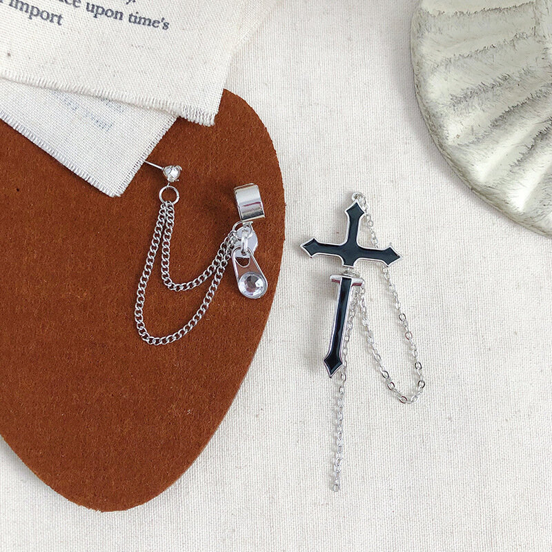 Punk Personality Cross Chain Zipper Ear Hanging Silver Needle Fashion Glass strass Ear Bone Clip Ladies Earring Jewelry