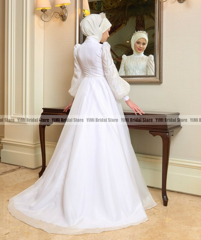 فساتين زفاف بيضاء متواضعة لعروس الحجاب برقبة عالية وأكمام طويلة سويب قطار مطرز فساتين زفاف إسلامية طرز-أخبار-أخبار-بسعر مناسب