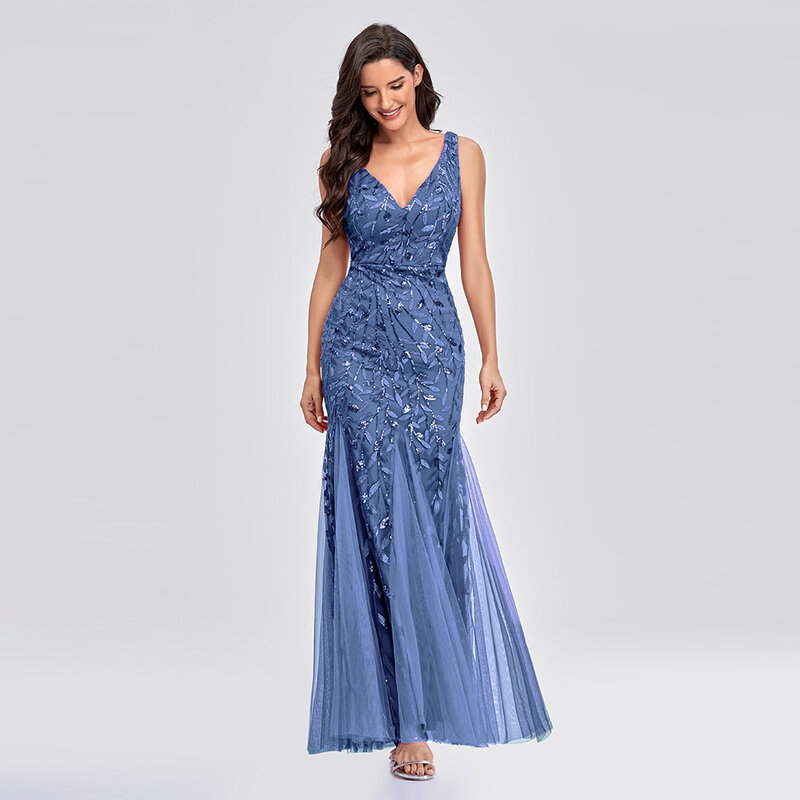 V-Neck Soft Tulle Mermaid Evening Dresses Appliques Blue Party Dress Floor Length Dresses for Wedding Women Guest Formal Dress