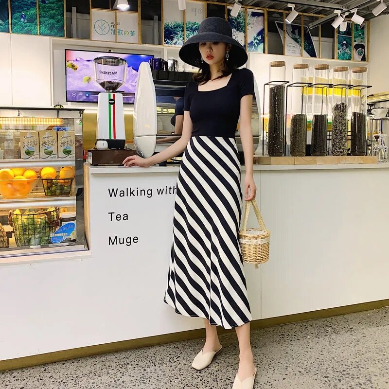French Black And White Skirts Womens 2022 Vintage High Waist Mid-length A-line Chiffon Temperament Faldas Summer New Jupe Femme